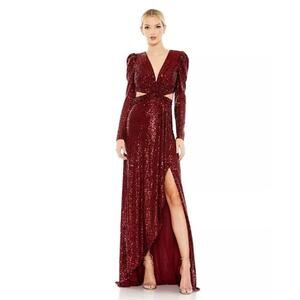 Mac Duggal Women's Ieena Sequined Wine Criss Cross Long Sleeve Gown